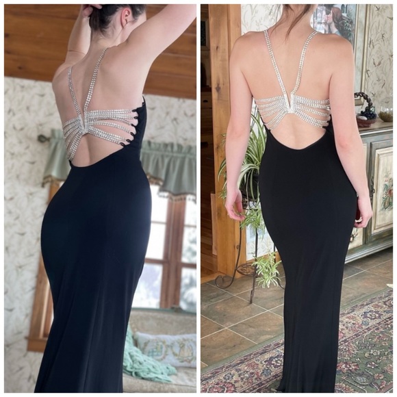 Vintage 90’s Dress Metal Diamond Rhinestone Backless Dress Maxi Black Slip Prom - Picture 3 of 17